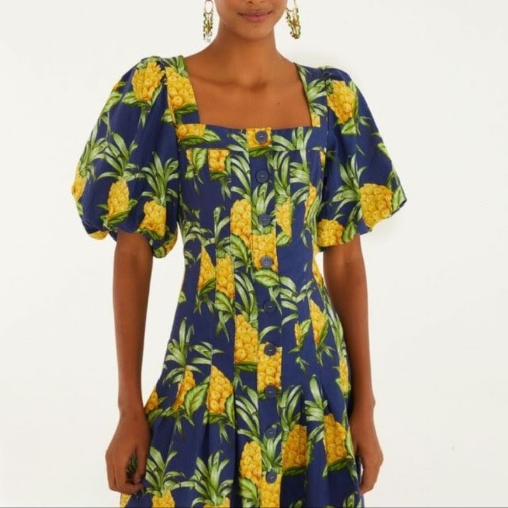 FARM RIO Delicate Pineapple Floral Puff Sleeve Dress Square Nexk Blue & Yellow